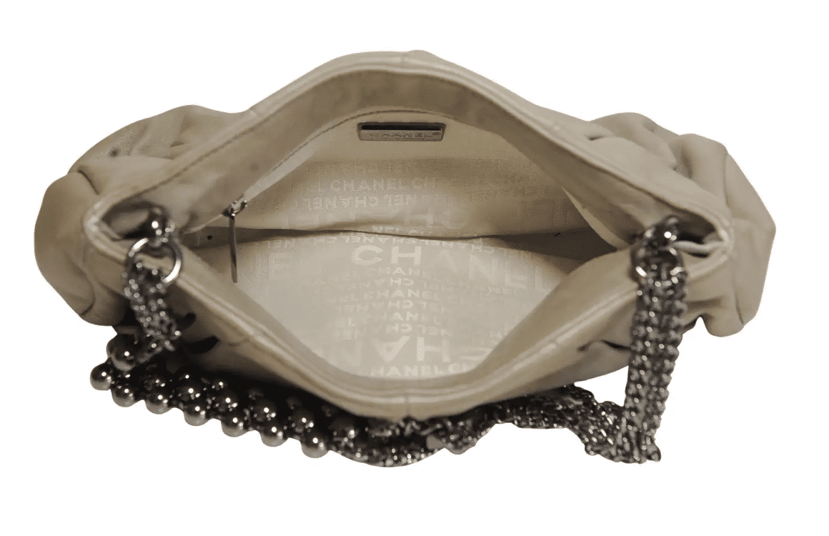 Chanel Grey Lambskin Pleated Hand Bag With Ruthenium-Finish Chain Link Straps