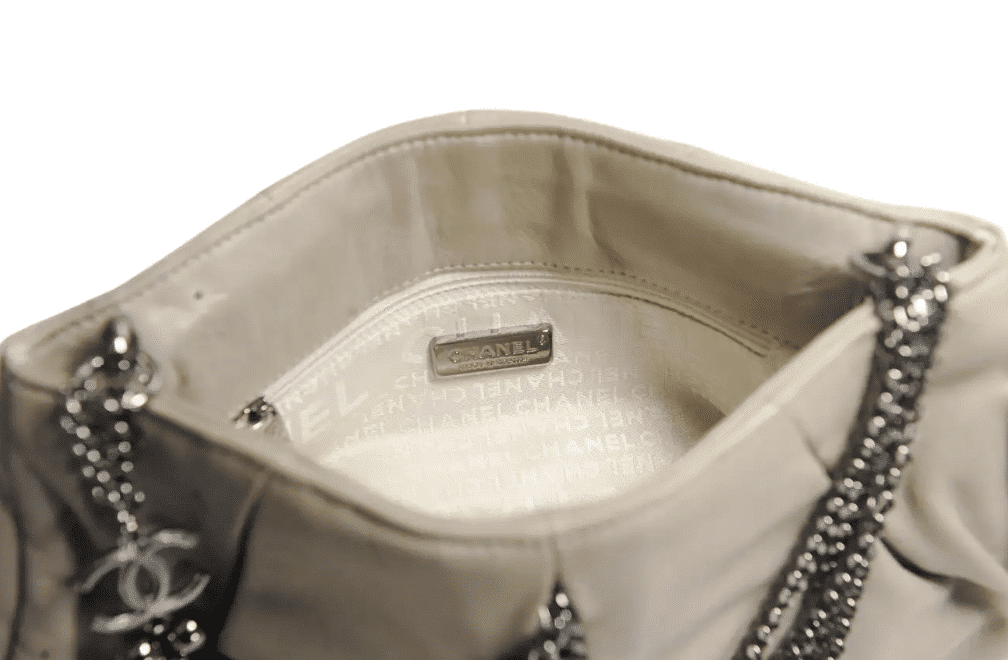 Chanel Grey Lambskin Pleated Hand Bag With Ruthenium-Finish Chain Link Straps