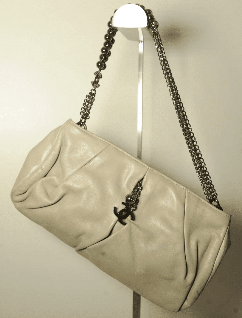 Chanel Grey Lambskin Pleated Hand Bag With Ruthenium-Finish Chain Link Straps