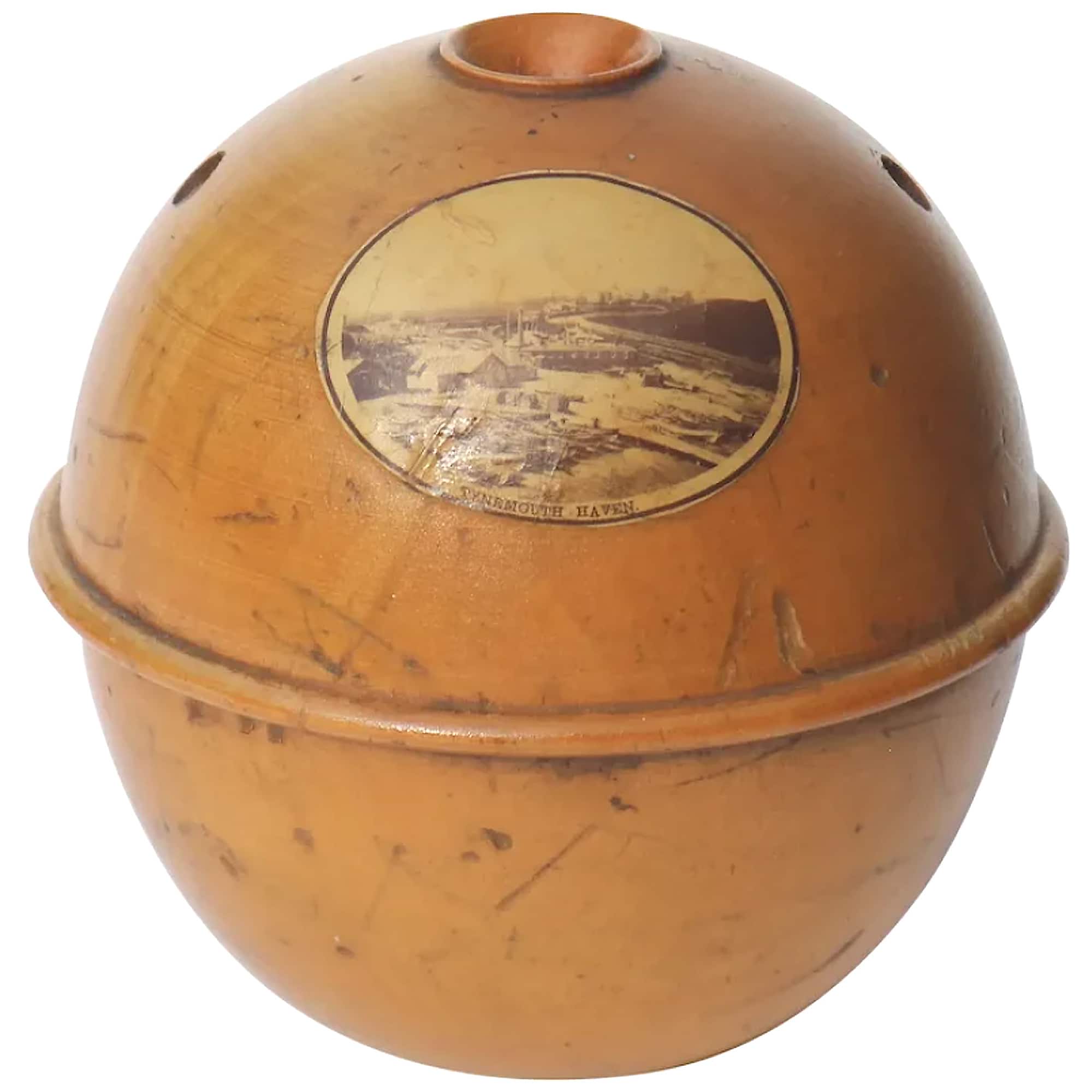 An antique Victorian sycamore Mauchline Ware String Box Tynemouth Haven C.1900