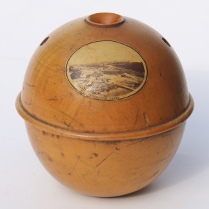 An antique Victorian sycamore Mauchline Ware String Box Tynemouth Haven C.1900