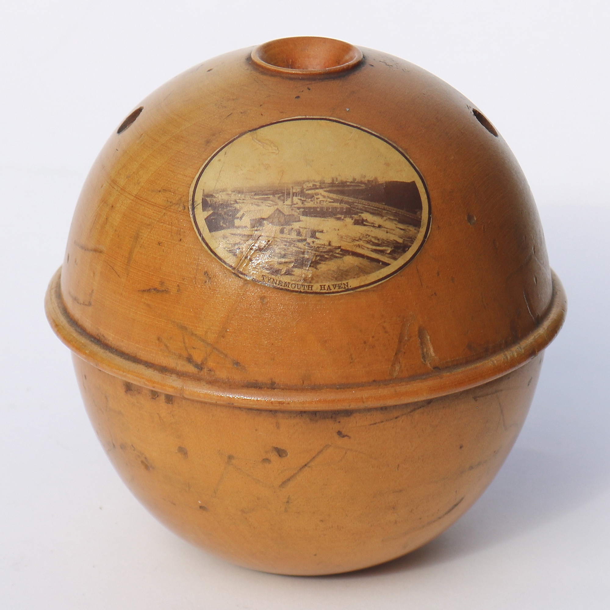 An antique Victorian sycamore Mauchline Ware String Box Tynemouth Haven C.1900