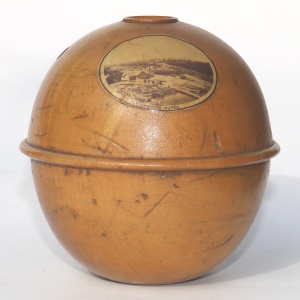 An antique Victorian sycamore Mauchline Ware String Box Tynemouth Haven C.1900