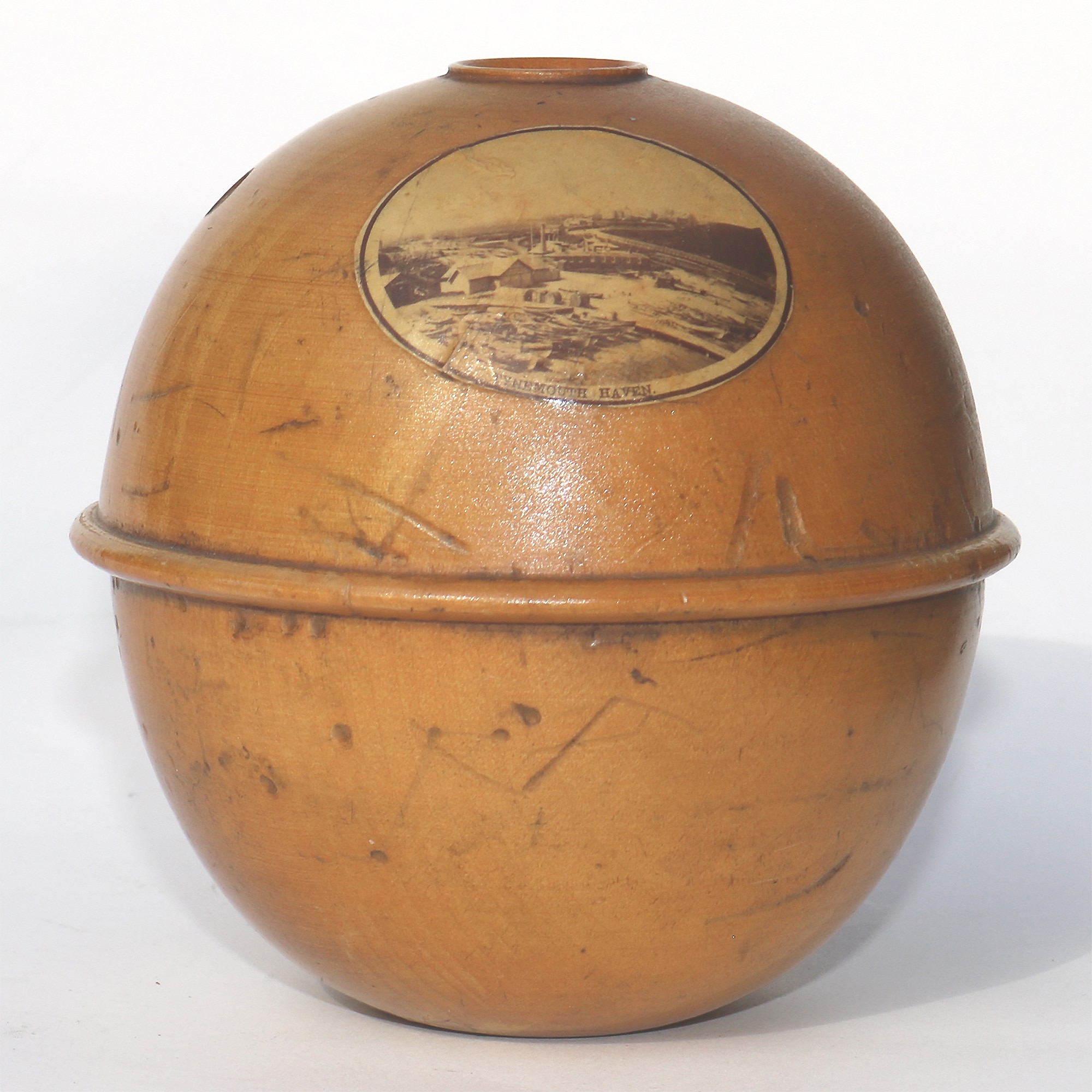 An antique Victorian sycamore Mauchline Ware String Box Tynemouth Haven C.1900