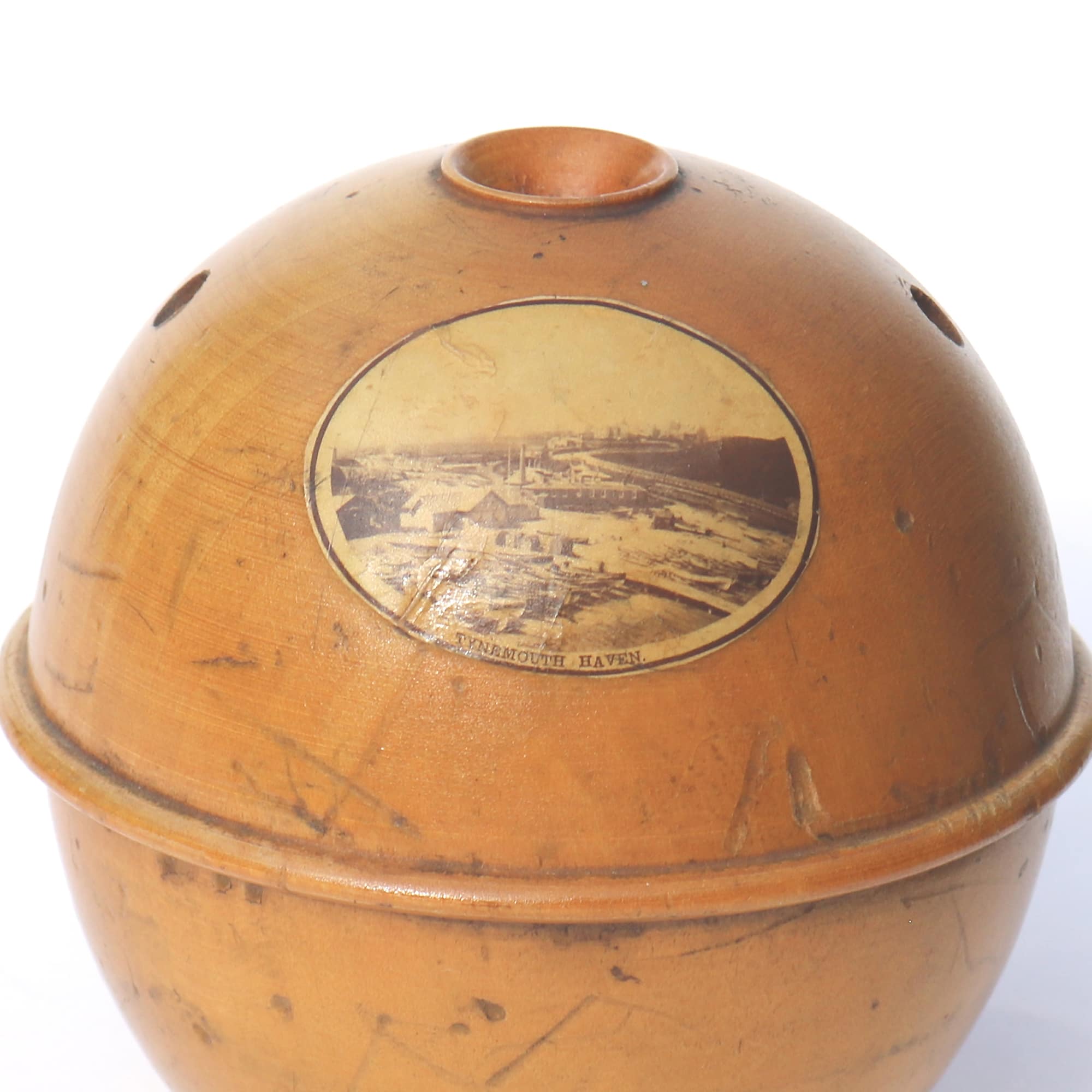 An antique Victorian sycamore Mauchline Ware String Box Tynemouth Haven C.1900