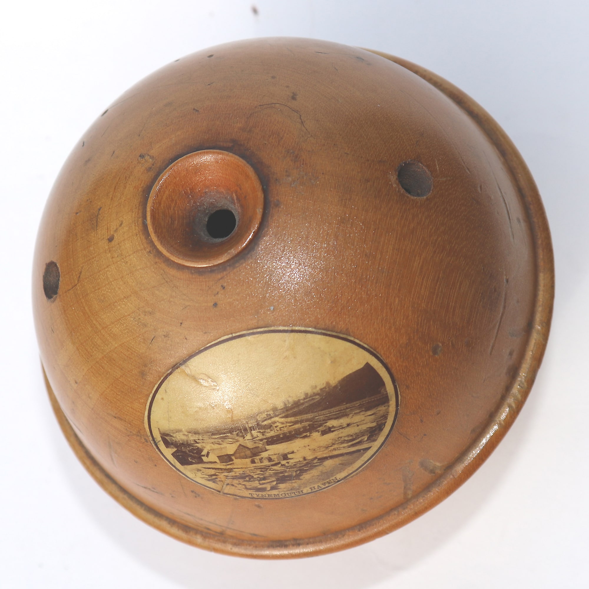 An antique Victorian sycamore Mauchline Ware String Box Tynemouth Haven C.1900