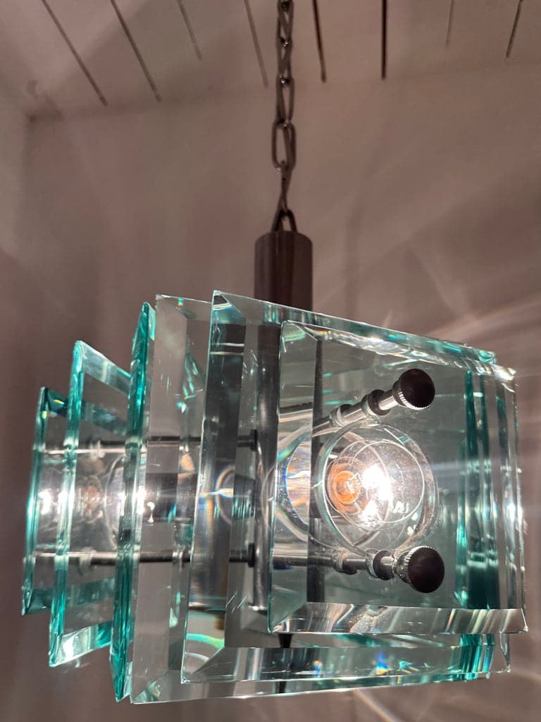 Stunning Italian Square Green Glass Chandelier By Lupi Cristal Luxor, 1970s