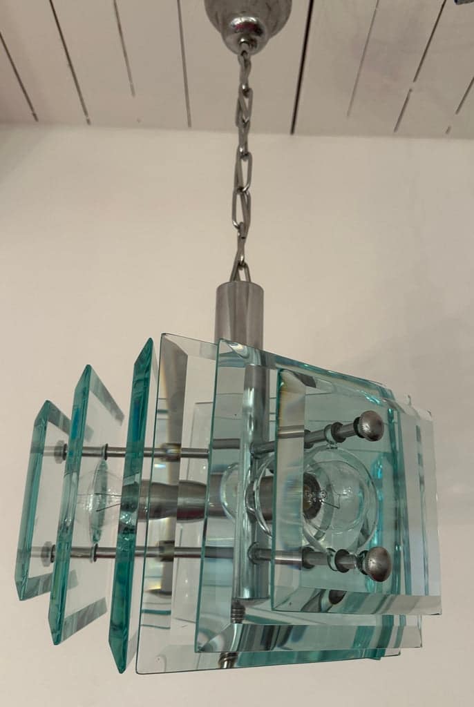 Stunning Italian Square Green Glass Chandelier By Lupi Cristal Luxor, 1970s