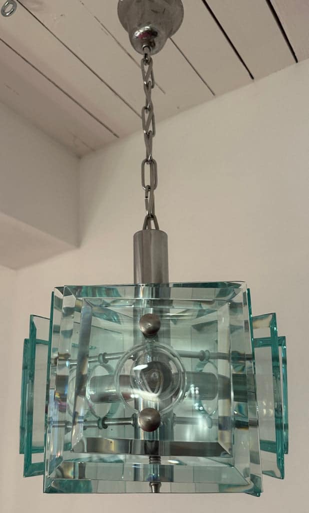 Stunning Italian Square Green Glass Chandelier By Lupi Cristal Luxor, 1970s