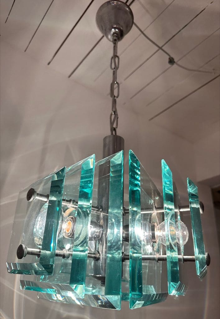 Stunning Italian Square Green Glass Chandelier By Lupi Cristal Luxor, 1970s
