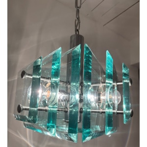 Stunning Italian Square Green Glass Chandelier By Lupi Cristal Luxor, 1970s