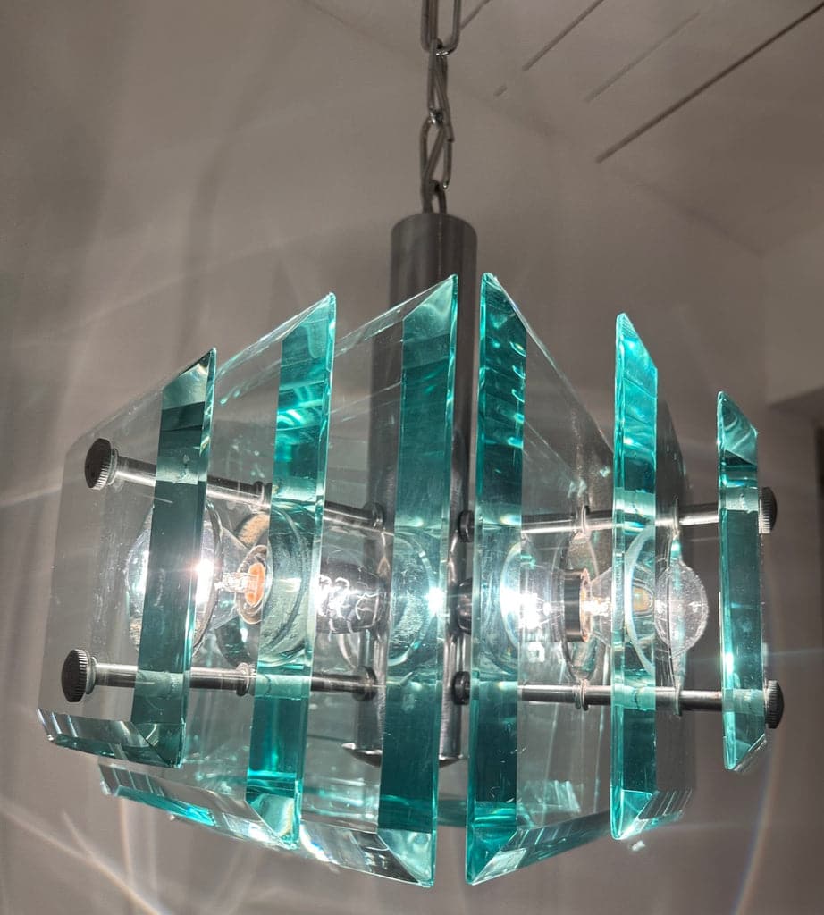 Stunning Italian Square Green Glass Chandelier By Lupi Cristal Luxor, 1970s