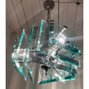 Stunning Italian Square Green Glass Chandelier By Lupi Cristal Luxor, 1970s