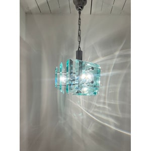 Stunning Italian Square Green Glass Chandelier By Lupi Cristal Luxor, 1970s