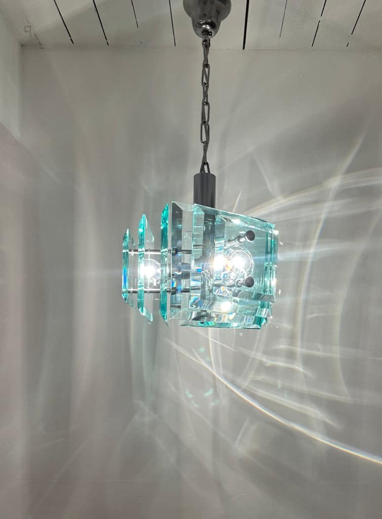 Stunning Italian Square Green Glass Chandelier By Lupi Cristal Luxor, 1970s