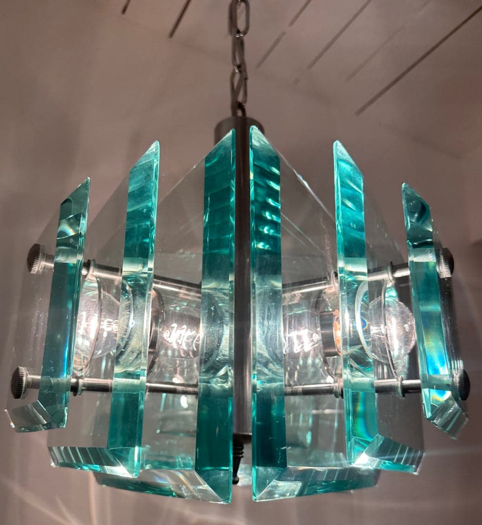 Stunning Italian Square Green Glass Chandelier By Lupi Cristal Luxor, 1970s