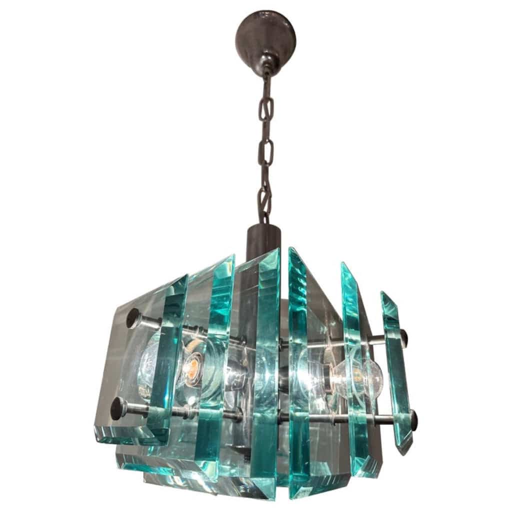 Stunning Italian Square Green Glass Chandelier By Lupi Cristal Luxor, 1970s