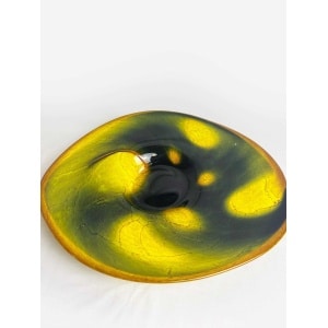 Vintage Large Yellow And Black Glass Bowl. Large Unusual Glass Dish, Vintage Artglass, Mid Century Modern Aesthetic, Original