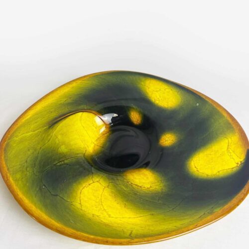 Vintage Large Yellow And Black Glass Bowl. Large Unusual Glass Dish, Vintage Artglass, Mid Century Modern Aesthetic, Original