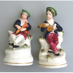 Unusual pair of antique Staffordshire pottery Scottish Musicians Figures C.1840