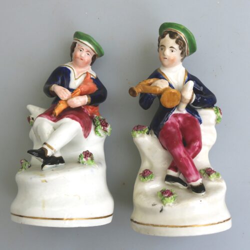 Unusual pair of antique Staffordshire pottery Scottish Musicians Figures C.1840