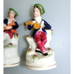 Unusual pair of antique Staffordshire pottery Scottish Musicians Figures C.1840