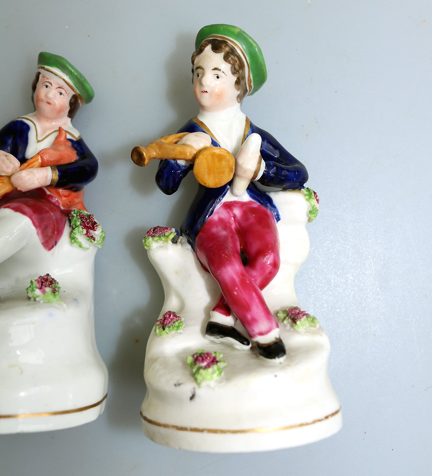 Unusual pair of antique Staffordshire pottery Scottish Musicians Figures C.1840