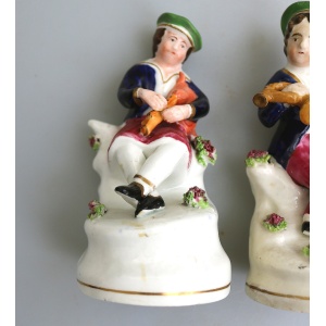 Unusual pair of antique Staffordshire pottery Scottish Musicians Figures C.1840