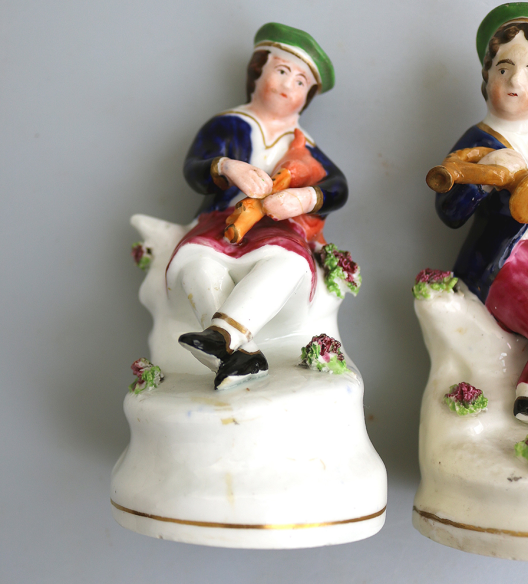 Unusual pair of antique Staffordshire pottery Scottish Musicians Figures C.1840
