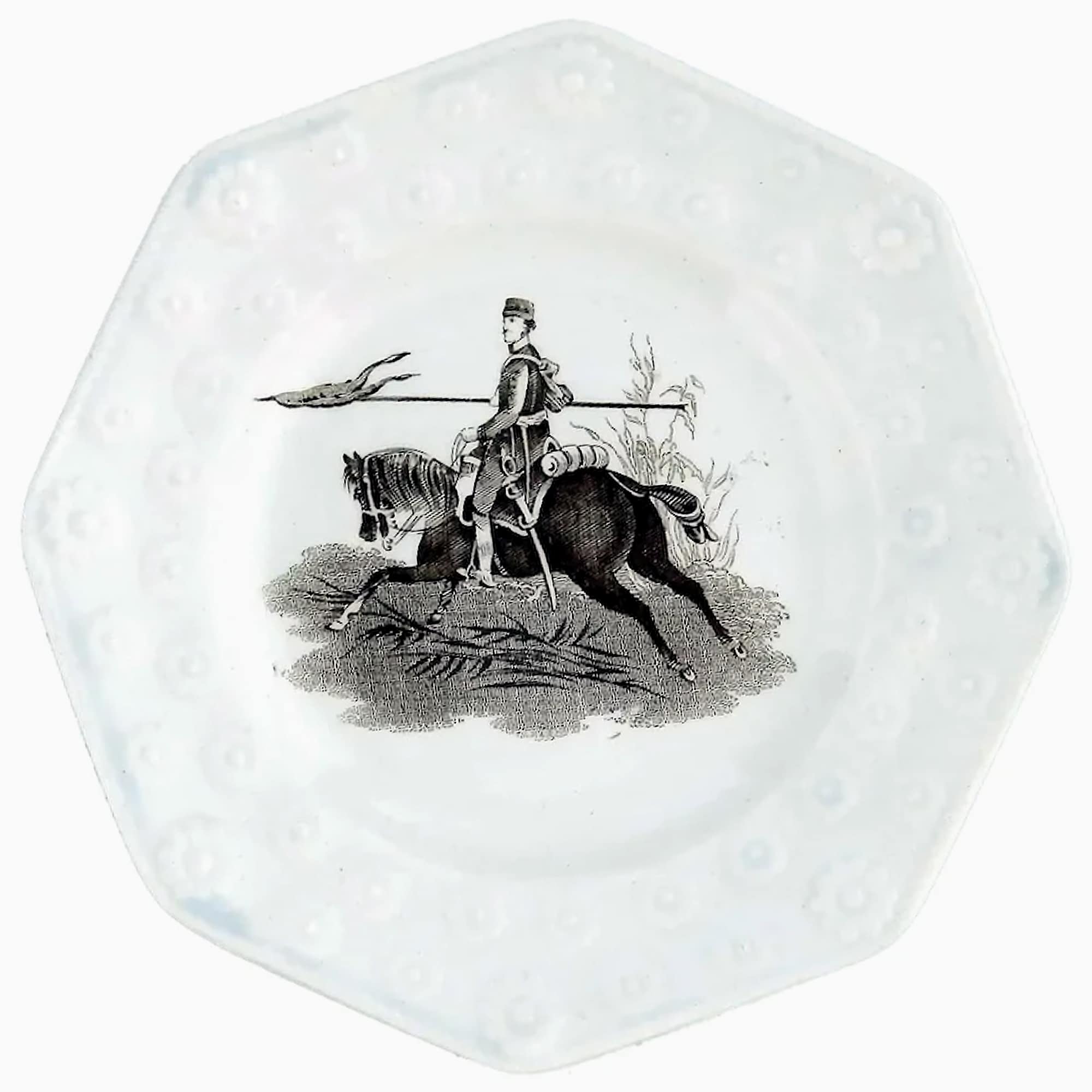 Unusual antique Staffordshire pottery daisy border Military Nursery Plate C.19th