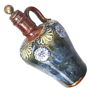 An antique Art Nouveau Royal Doulton pottery Dewars Whiskey Flask C.19thC