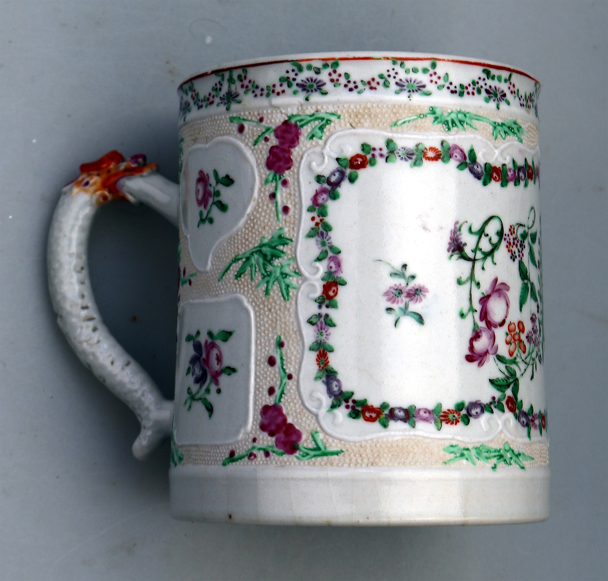 A fine and unusual antique Chinese famille rose porcelain dragon Tankard C.18thC