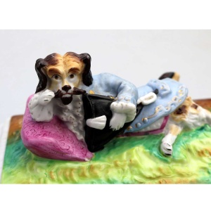 Unusual & rare antique Paris porcelain novelty humorous Dog Desk Figure C.19thC