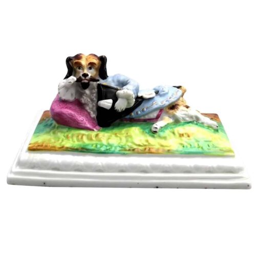 Unusual & rare antique Paris porcelain novelty humorous Dog Desk Figure C.19thC