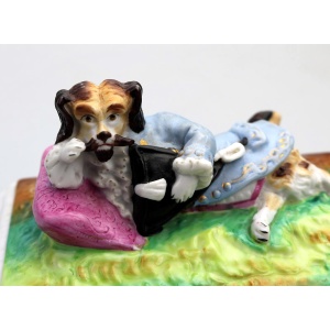 Unusual & rare antique Paris porcelain novelty humorous Dog Desk Figure C.19thC
