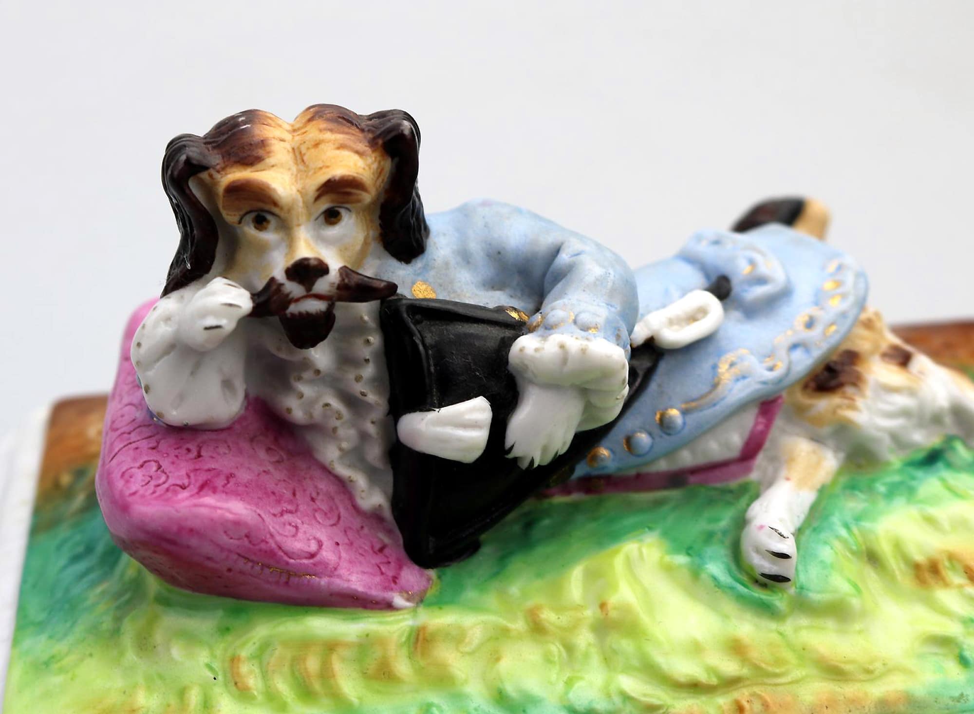 Unusual & rare antique Paris porcelain novelty humorous Dog Desk Figure C.19thC