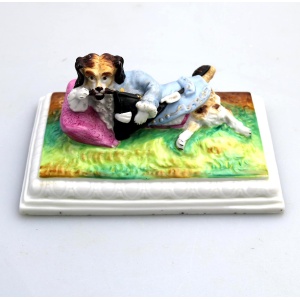 Unusual & rare antique Paris porcelain novelty humorous Dog Desk Figure C.19thC