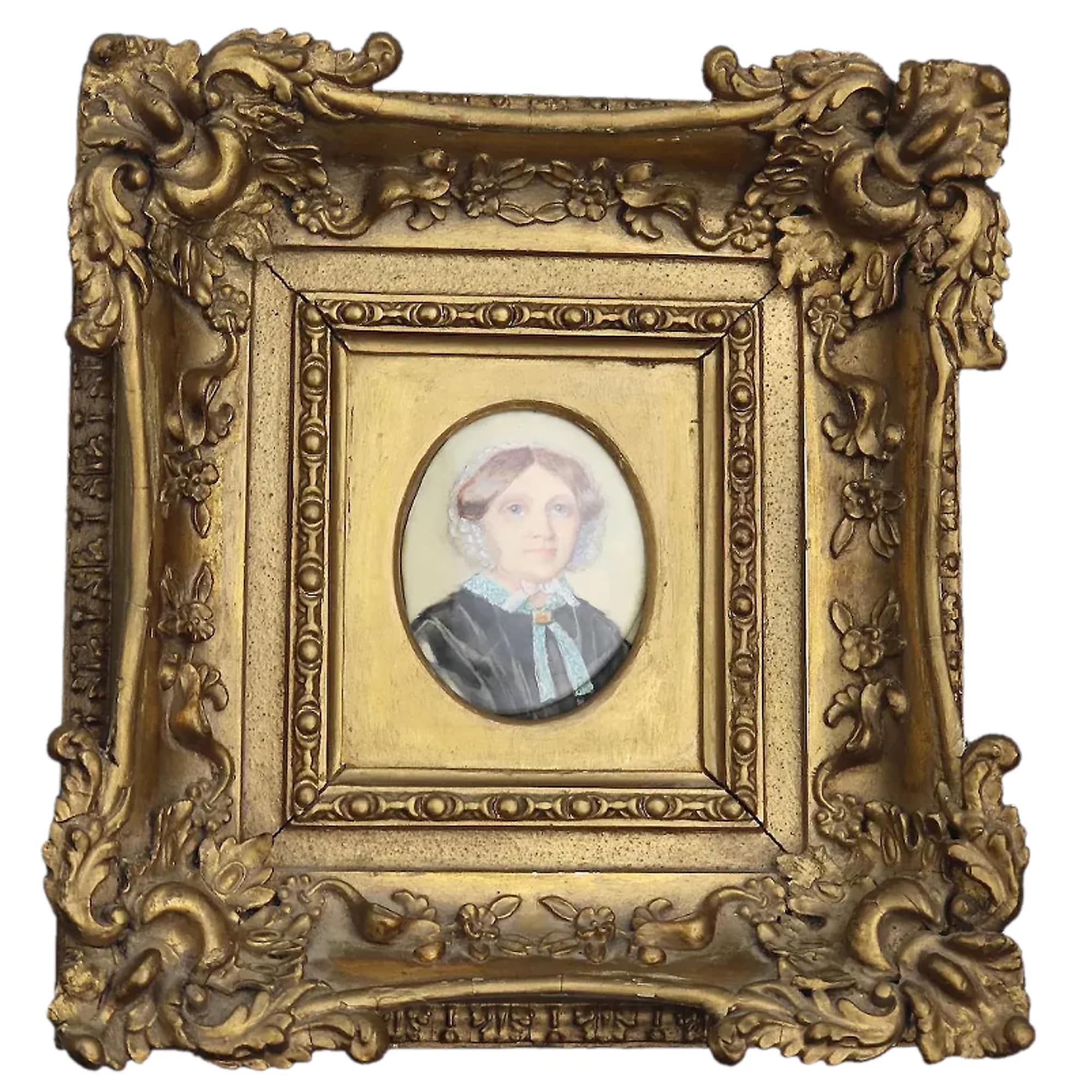 Antique English School female Portrait Miniature in fine gesso frame C.19thC