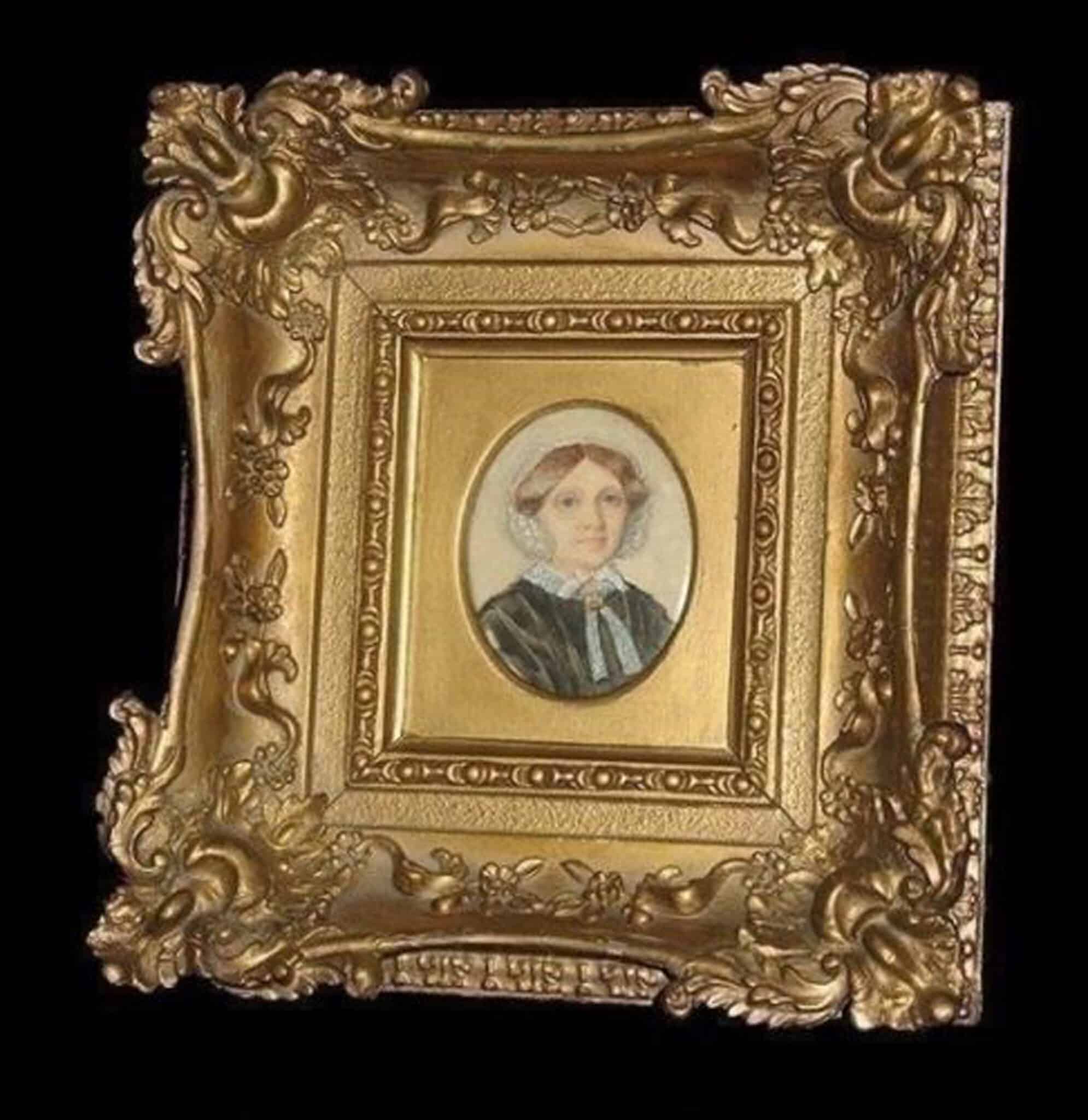 Antique English School female Portrait Miniature in fine gesso frame C.19thC