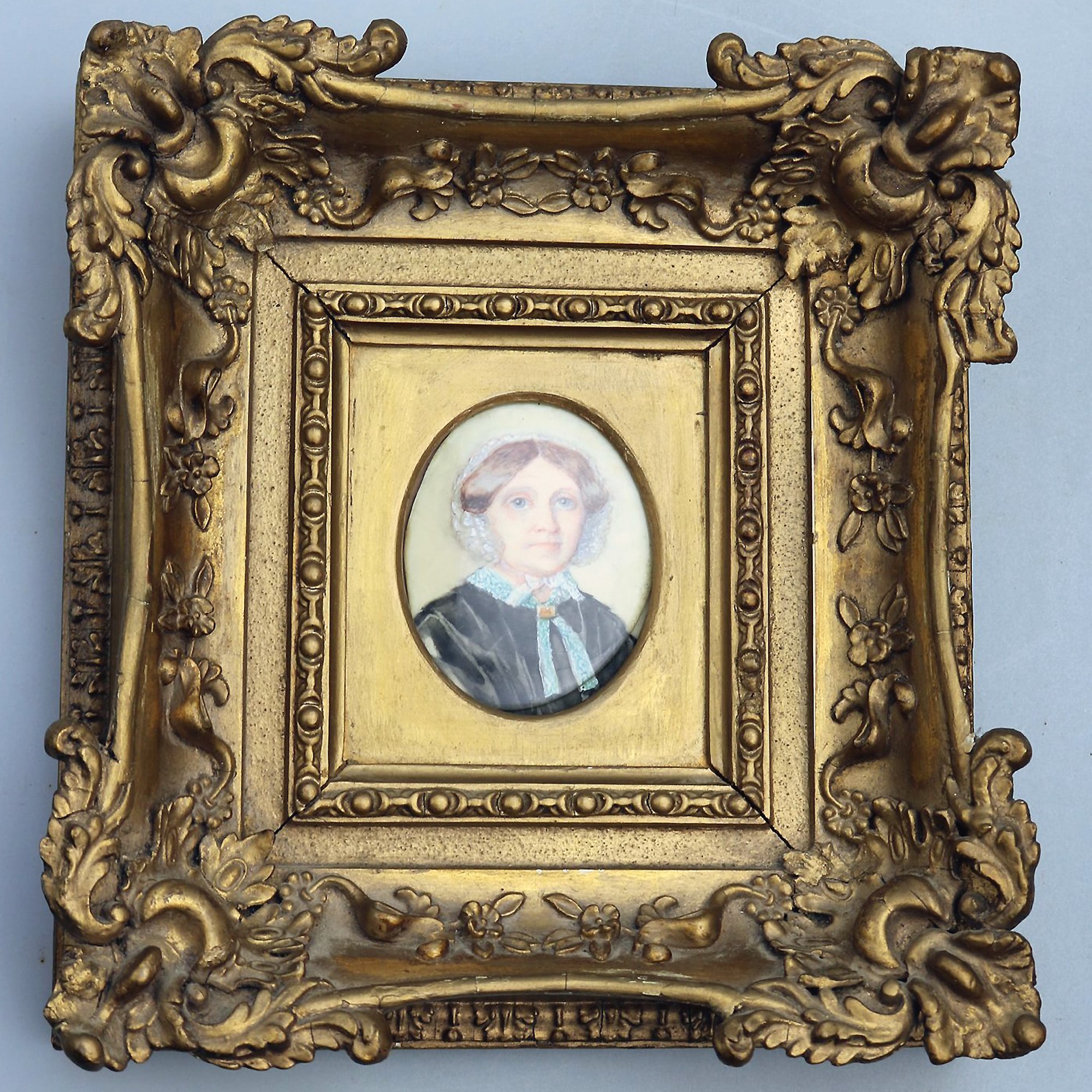 Antique English School female Portrait Miniature in fine gesso frame C.19thC