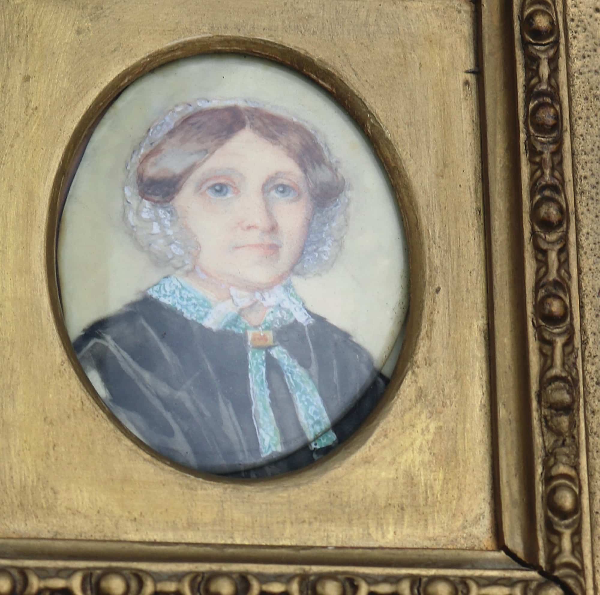 Antique English School female Portrait Miniature in fine gesso frame C.19thC