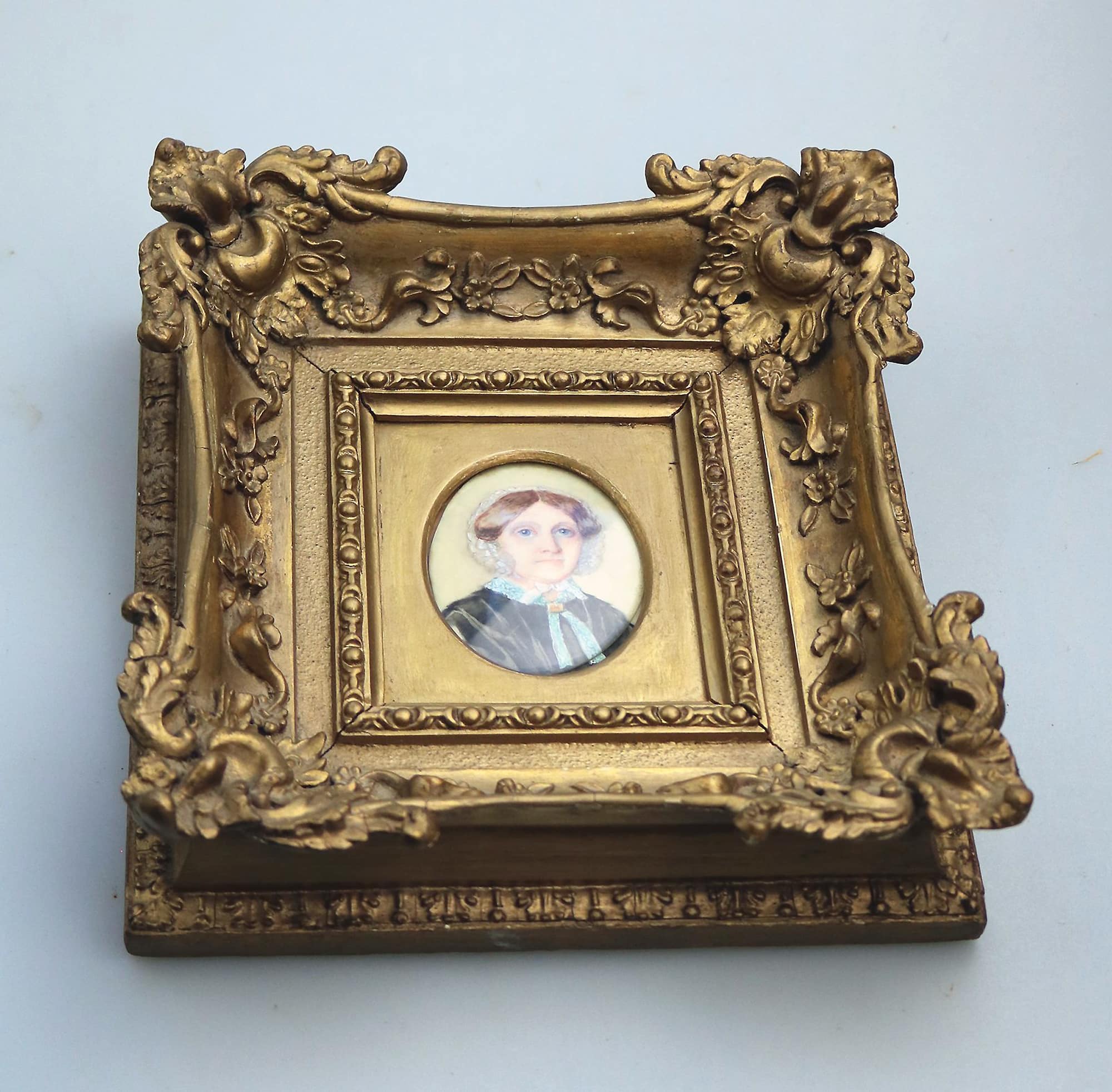 Antique English School female Portrait Miniature in fine gesso frame C.19thC