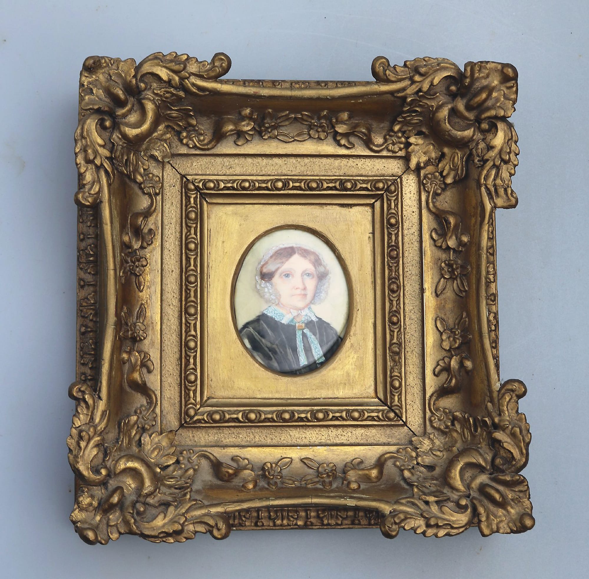 Antique English School female Portrait Miniature in fine gesso frame C.19thC