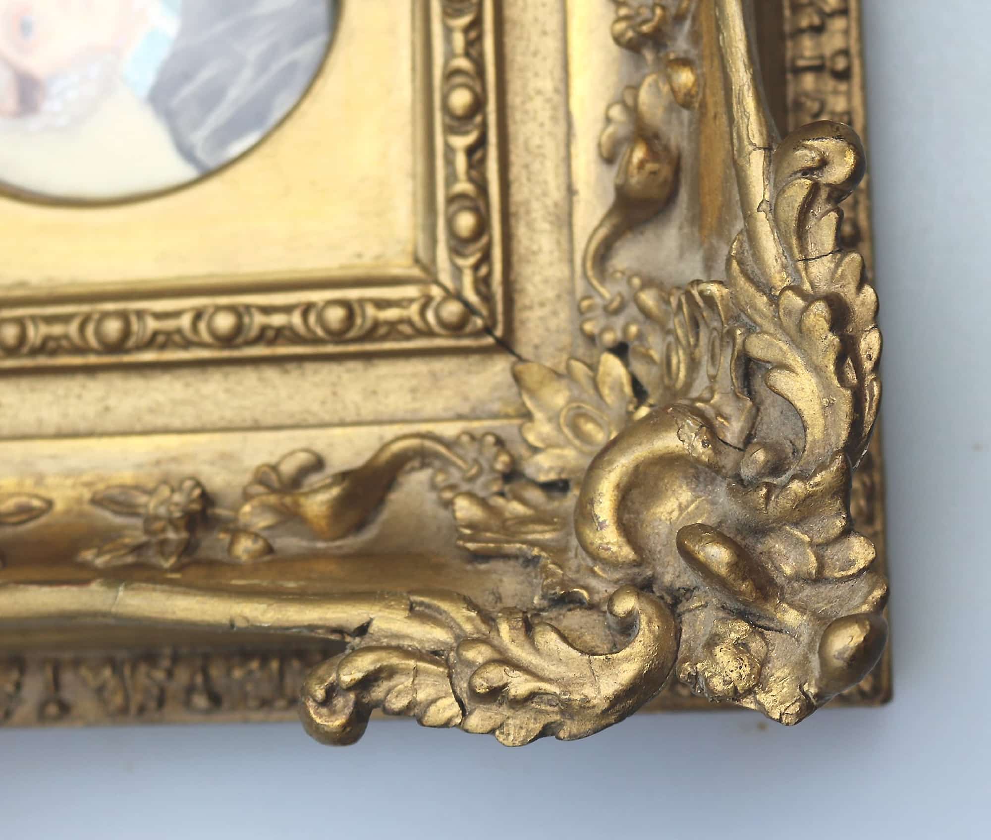 Antique English School female Portrait Miniature in fine gesso frame C.19thC