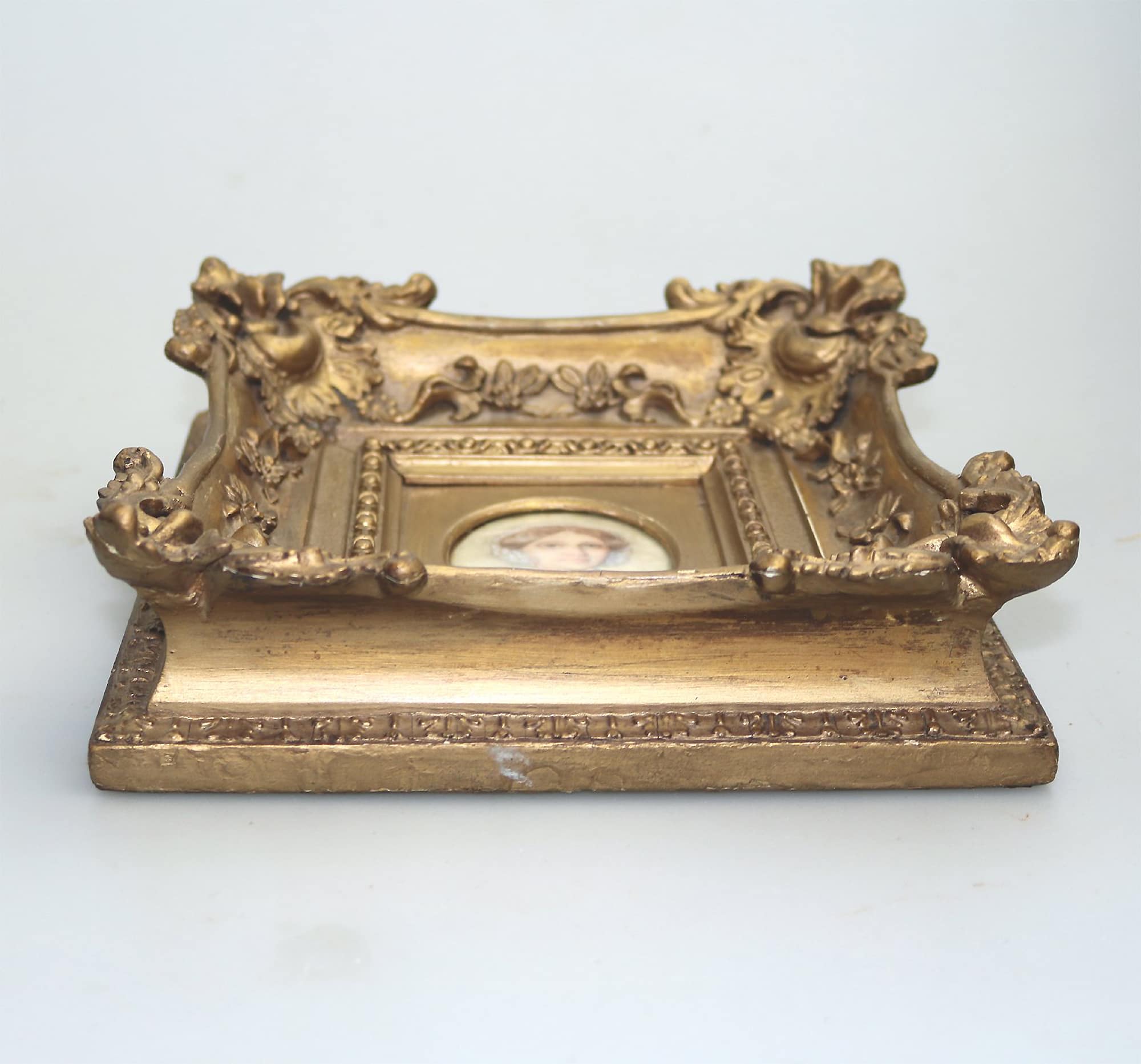 Antique English School female Portrait Miniature in fine gesso frame C.19thC