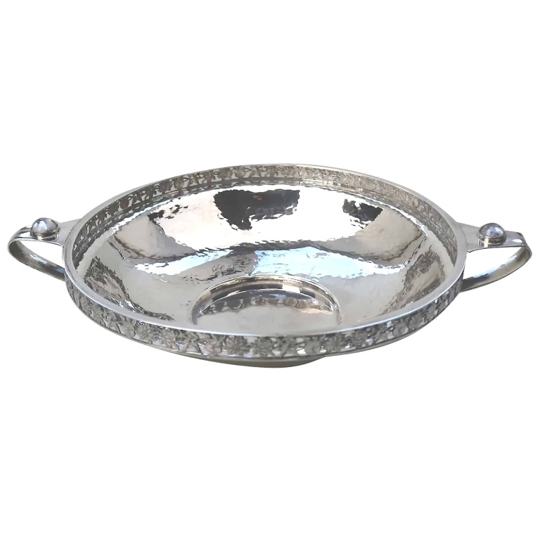 An extremely rare and good A E Jones antique Arts & Crafts English solid silver cabochon set large Bowl 252g C.1910