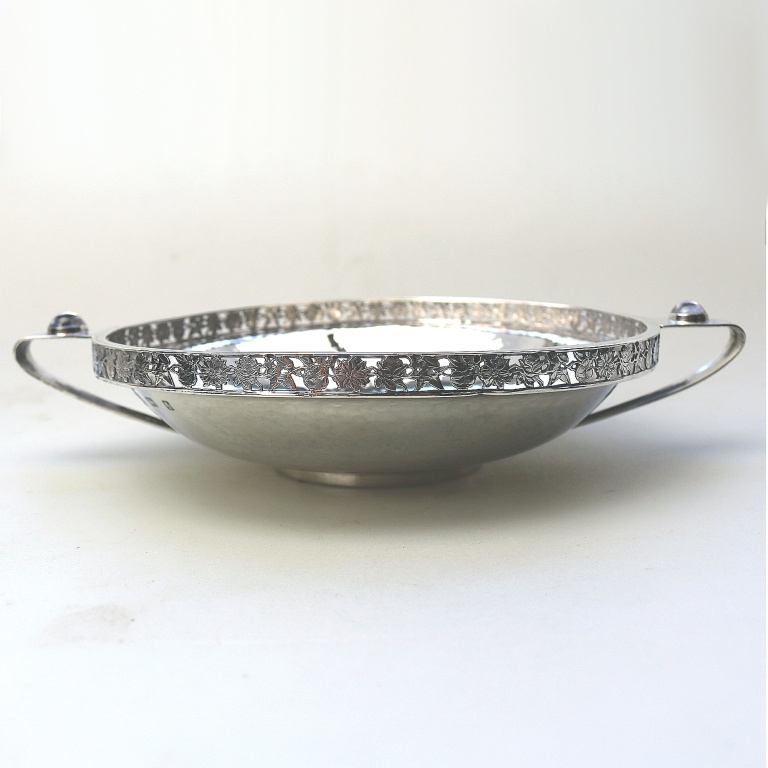 An extremely rare and good A E Jones antique Arts & Crafts English solid silver cabochon set large Bowl 252g C.1910 - Image 12