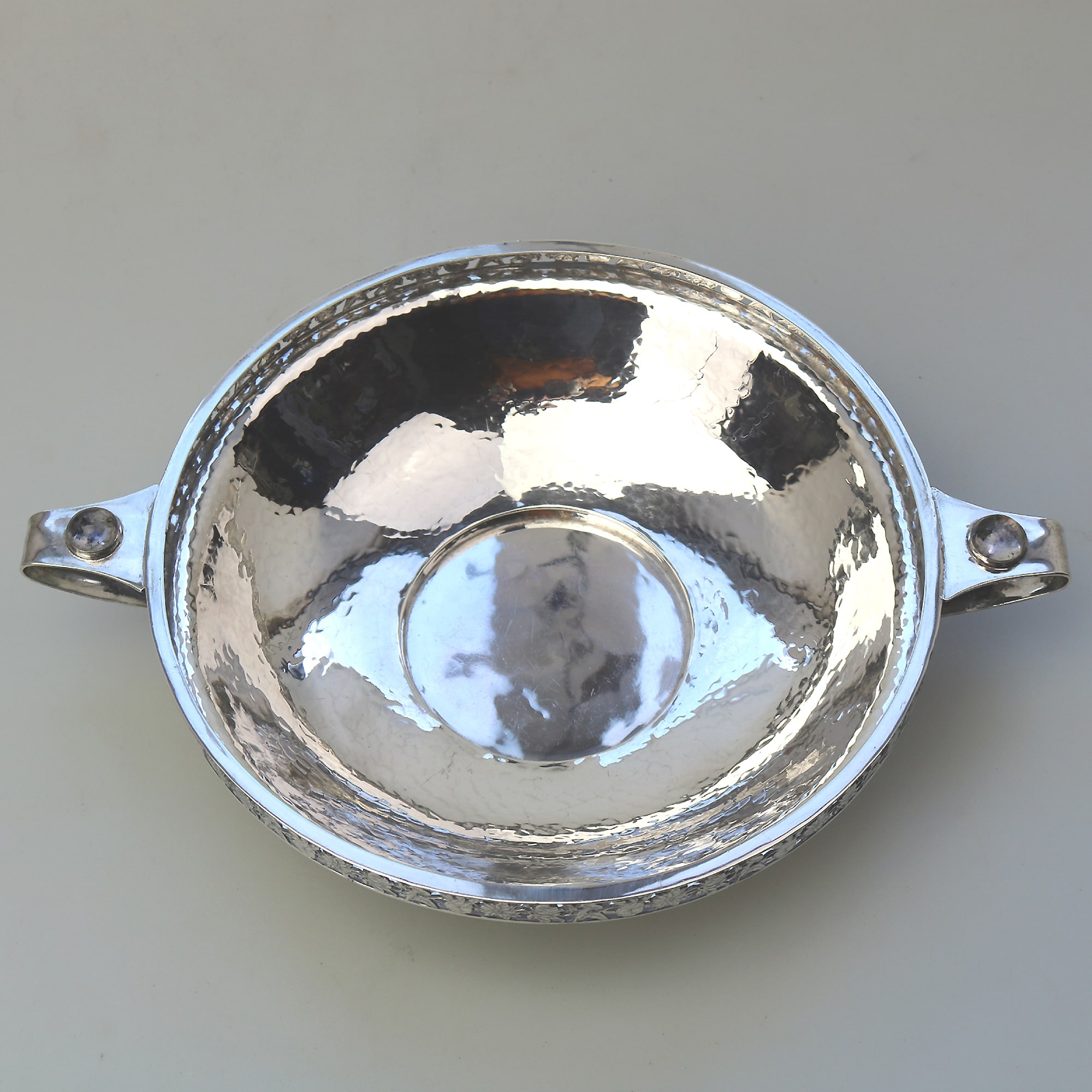 An extremely rare and good A E Jones antique Arts & Crafts English solid silver cabochon set large Bowl 252g C.1910