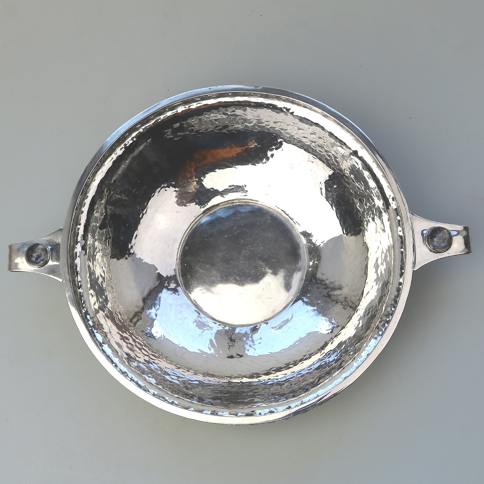 An extremely rare and good A E Jones antique Arts & Crafts English solid silver cabochon set large Bowl 252g C.1910