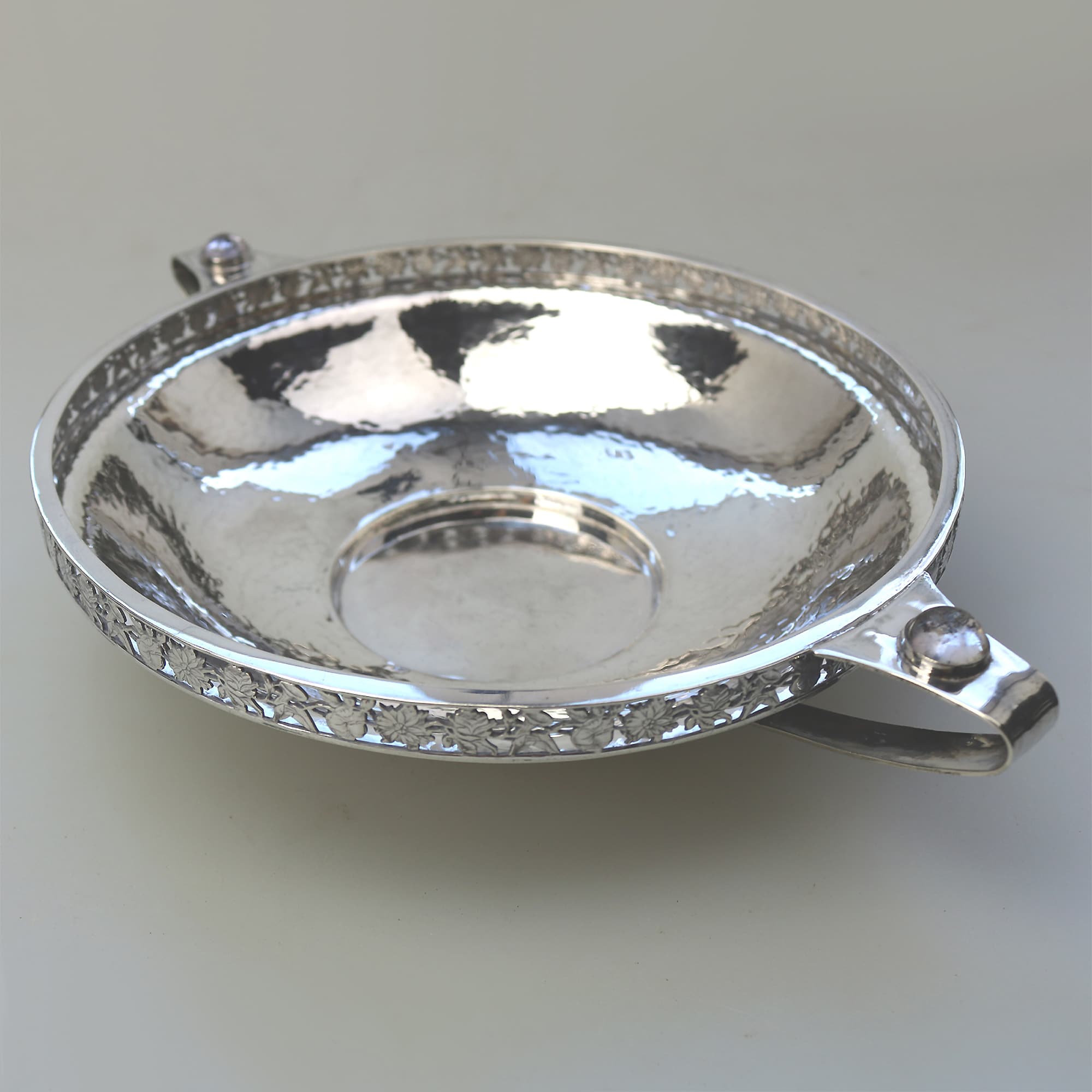An extremely rare and good A E Jones antique Arts & Crafts English solid silver cabochon set large Bowl 252g C.1910